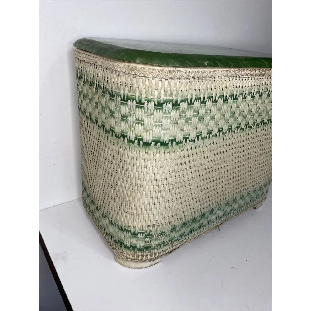 Vintage MCM Red-Man Laundry Hamper Wicker White Green Lucite Top Art Deco